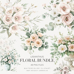 Watercolor Floral Clipart, Boho Flowers Lisianthus Floral Clipart Bundle, Floral Arrangement, Pink Roses Png, Elegant Flowers Clipart Pack