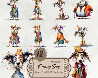 Whimsical Funny Dogs Clipart, Quirky Cute Doggie Png, Whimsical Elements, Cartoon Animals Clipart, Mixed Media, Digital Download Prints