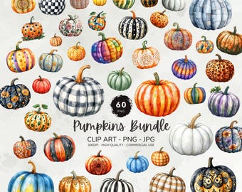 Paquete de imágenes prediseñadas de calabazas, imágenes prediseñadas de otoño, imágenes prediseñadas de Halloween, gráficos de otoño en formato PNG, lindas calabazas en formato PNG, calabazas a cuadros retro de otoño, uso comercial