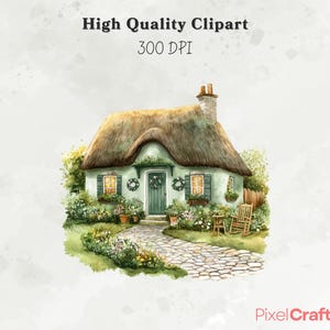 May include: A watercolor illustration of a green cottage with a thatched roof, surrounded by lush greenery and a stone path. The cottage has a green door and windows, and there is a rocking chair on the porch.