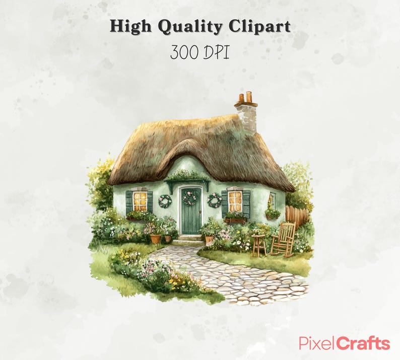 May include: A watercolor illustration of a green cottage with a thatched roof, surrounded by lush greenery and a stone path. The cottage has a green door and windows, and there is a rocking chair on the porch.