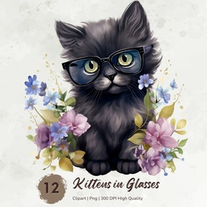 Cute Kittens Clipart Bundle, Floral Kitten with Glasses, Funny Cats Clipart, Printable Watercolor Clipart, Kitten Bundle, Digital Download