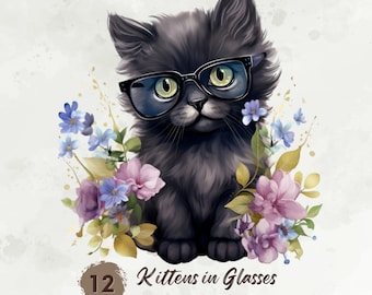 Pacchetto di clipart gattini carini, gattino floreale con occhiali, clipart di gatti divertenti, clipart acquerello stampabile, pacchetto gattino, download digitale