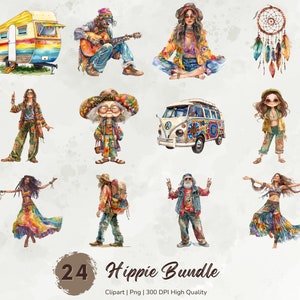 Hippie Clipart, Whimsical Hippies Clipart Bundle, Psychedelic Clipart, Printable Watercolor Clipart, Man Woman Graphics, Digital Download