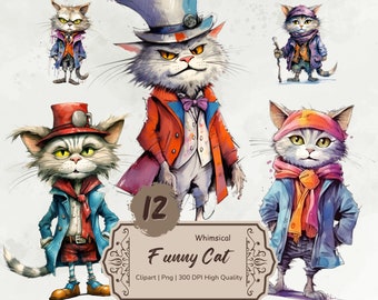 Watercolor Funny Cat Clipart, Whimsical Cats Png, Quirky Kittens Clipart, Cartoon Animals Clipart, Mixed Media, Digital Download Stickers