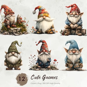 Imágenes prediseñadas de gnomos de acuarela, paquete de imágenes prediseñadas de gnomos caprichosos, gráficos lindos de gnomos png, imágenes prediseñadas de gnomos, sublimación de gnomos, conjunto de imágenes prediseñadas de fantasía