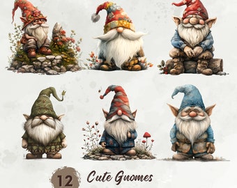 Watercolor Gnome Clipart, Whimsical Gnome Clipart Bundle, Cute Gnome Png Graphics, Gnomes Clipart, Gnome Sublimation, Fantasy Clipart Set