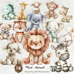 Watercolor Plush Animals Clipart, Vintage Nursery Animal Clipart Bundle, Baby Animal Decor Graphics, Baby Shower Party Invite PNG Download