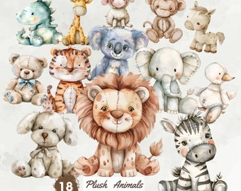 Watercolor Plush Animals Clipart, Vintage Nursery Animal Clipart Bundle, Baby Animal Decor Graphics, Baby Shower Party Invite PNG Download