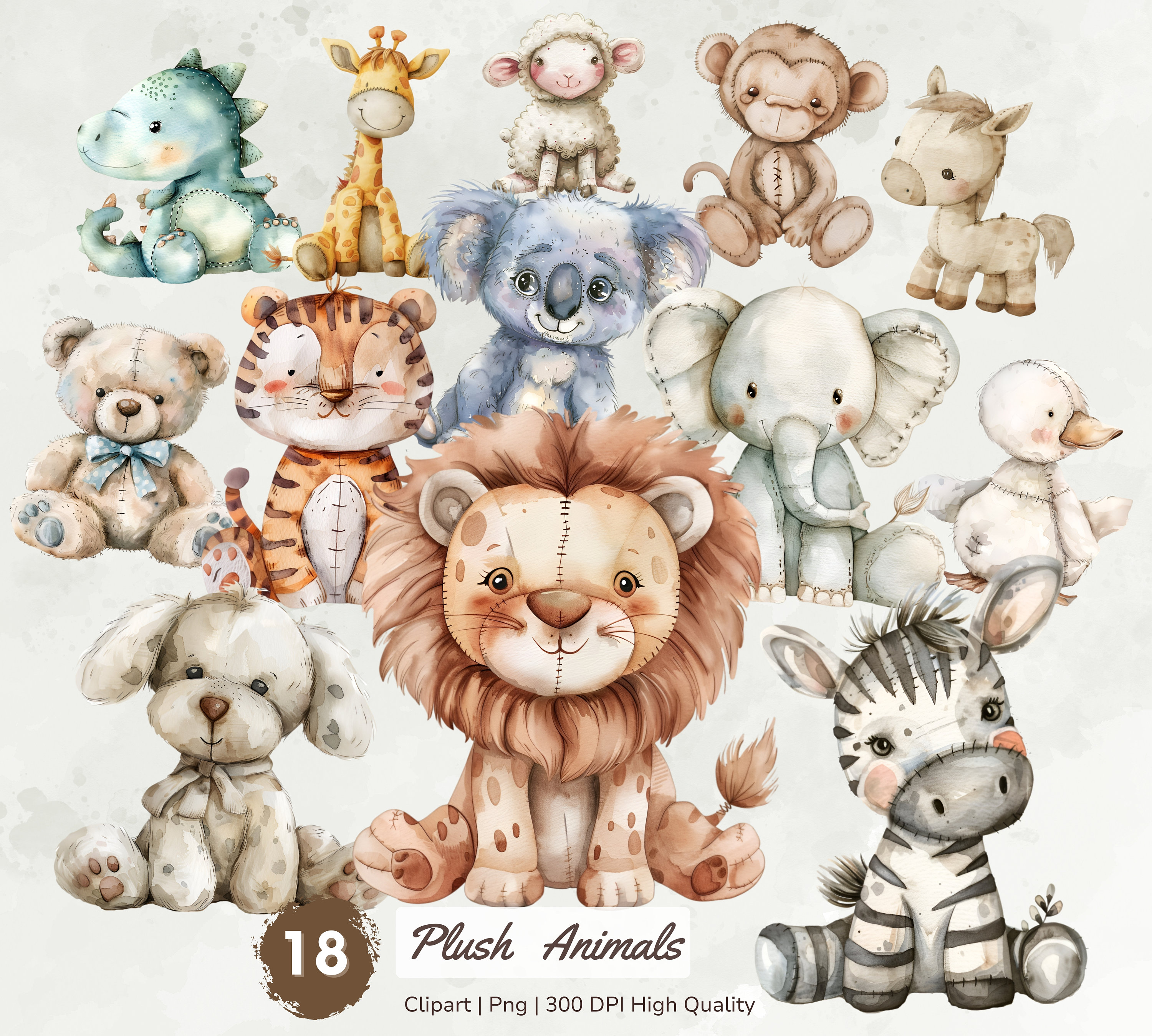 Watercolor Plush Animals Clipart, Vintage Nursery Animal Clipart Bundle ...