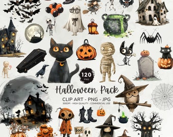 Aquarel Halloween clipartbundel, Halloween decoratie, pompoenen clipart, schattige geest, griezelige clipart, heks, zwarte kat png, herfst graphics