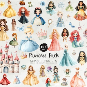 Märchenprinzessin Clipart Bundle, Kinderzimmer Dekor, königliches Clipart, Fantasy Prinzessin Png, Aquarell Schloss Krone, kleine Prinzessin Drucke