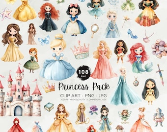 Fairytale Princess Clipart Bundle, Nursery Decor, Royal Clipart, Fantasy Princess Png, Watercolor Castle Crown Pngs, Little Princess Prints