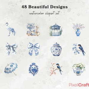 Puede incluir: Conjunto de im&aacute;genes predise&ntilde;adas de acuarela con 48 hermosos dise&ntilde;os en azul y blanco. El conjunto incluye ilustraciones de una gr&uacute;a, lazos, un cenador, un jarr&oacute;n, una tetera, un p&aacute;jaro y otros elementos decorativos. El texto "48 Beautiful Designs watercolor clipart set" est&aacute; en la parte superior.