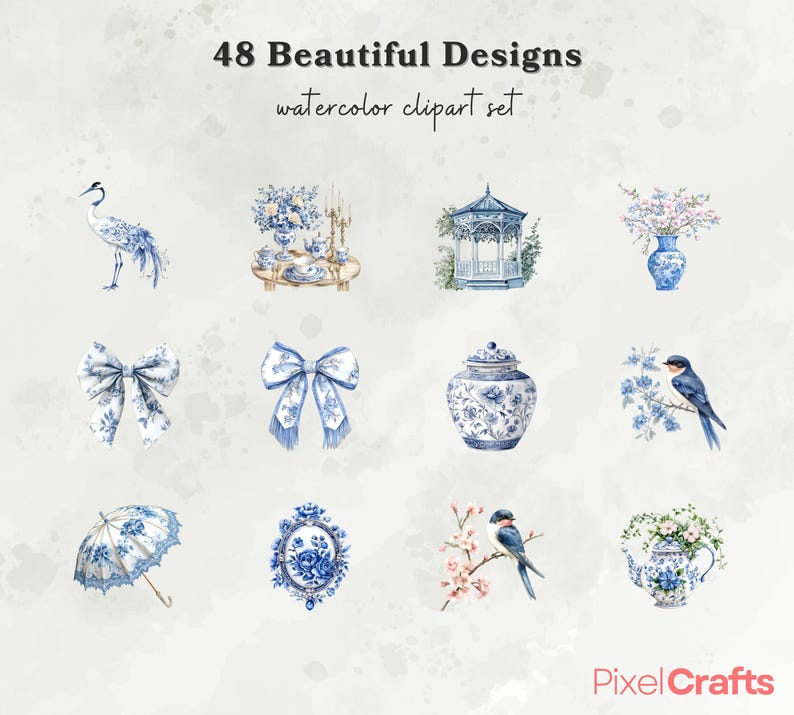 Puede incluir: Conjunto de im&aacute;genes predise&ntilde;adas de acuarela con 48 hermosos dise&ntilde;os en azul y blanco. El conjunto incluye ilustraciones de una gr&uacute;a, lazos, un cenador, un jarr&oacute;n, una tetera, un p&aacute;jaro y otros elementos decorativos. El texto "48 Beautiful Designs watercolor clipart set" est&aacute; en la parte superior.