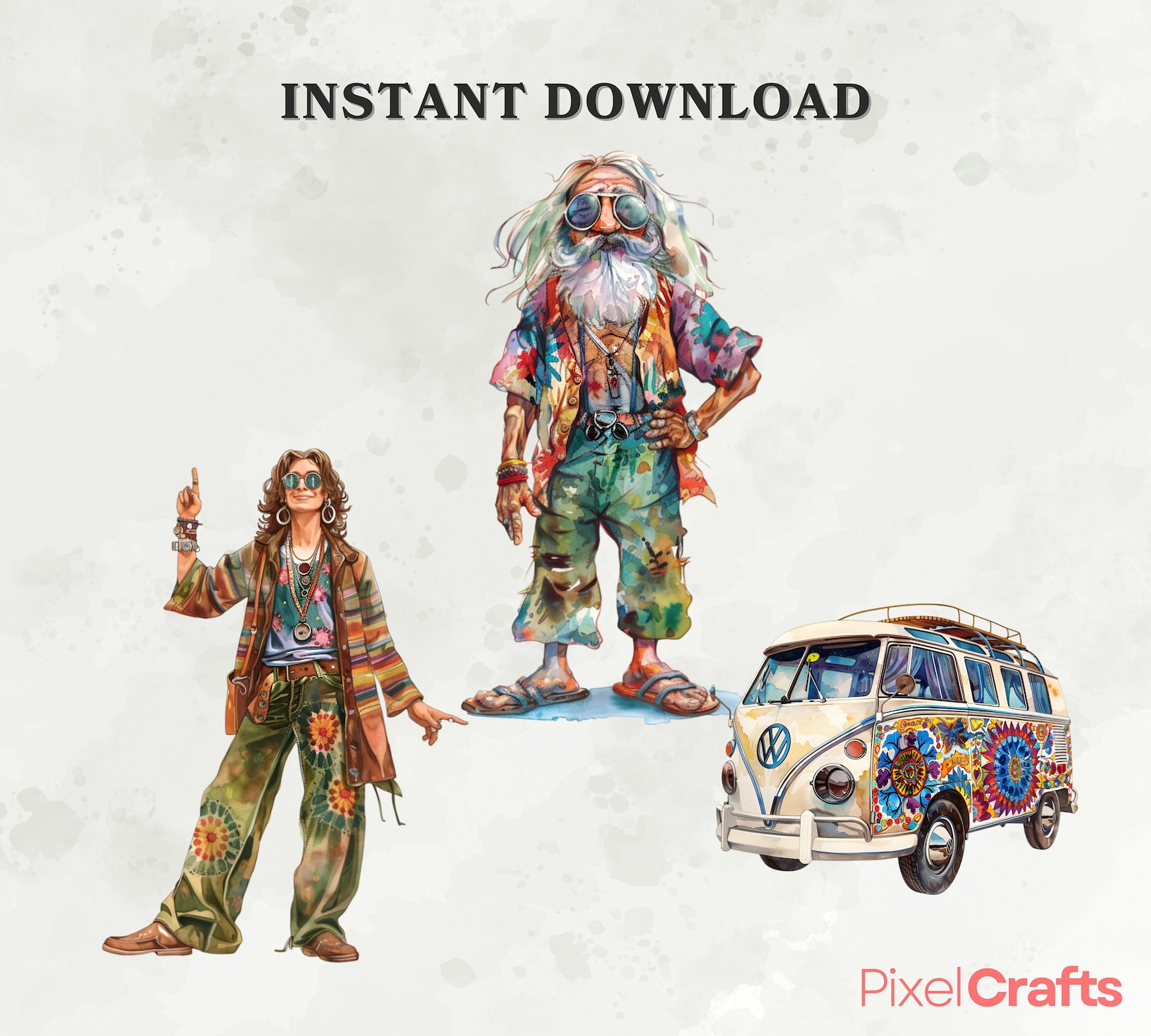 Whimsy Hippy Hippie Clipart, Whimsical Hippies Clipart Bundle, Psychedelic Clipart ...