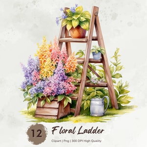 Imágenes prediseñadas de escalera de madera de acuarela, escalera de mano en imágenes prediseñadas de jardín de primavera, imágenes prediseñadas florales, imágenes prediseñadas botánicas, diarios basura, descarga digital