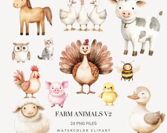 Watercolor Farm Animals Clipart, Cute Farm Animals Pngs, Nursery Cute Animals Clipart Bundle, Horse, Cow, Pig, Duck, Baby Animals Graphics