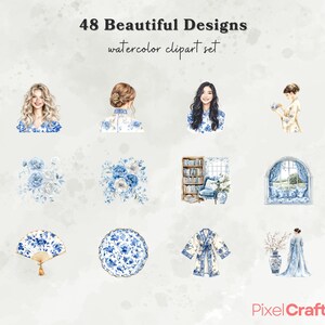 Puede incluir: Un conjunto de im&aacute;genes predise&ntilde;adas de acuarela con 48 hermosos dise&ntilde;os. Los dise&ntilde;os incluyen retratos, arreglos florales y objetos decorativos en tonos azules y blancos. La imagen tambi&eacute;n incluye el logotipo de PixelCrafts.