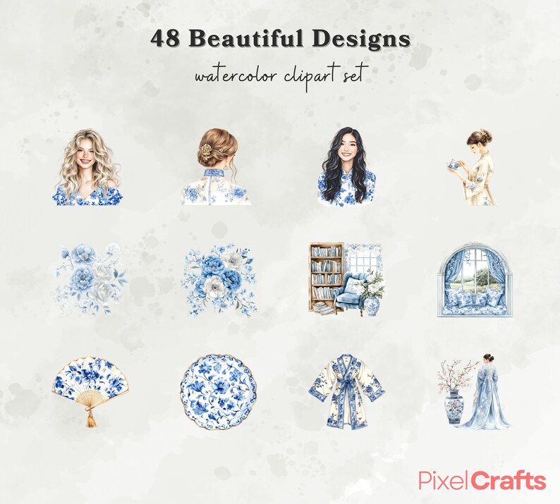 Puede incluir: Un conjunto de im&aacute;genes predise&ntilde;adas de acuarela con 48 hermosos dise&ntilde;os. Los dise&ntilde;os incluyen retratos, arreglos florales y objetos decorativos en tonos azules y blancos. La imagen tambi&eacute;n incluye el logotipo de PixelCrafts.