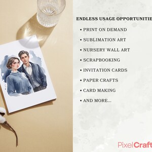 Op de afbeelding: Een wit notitieboek met een aquarel illustratie van een stel in blauwe en grijze kleding. De afbeelding wordt vergezeld door tekst met "ENDLESS USAGE OPPORTUNITIES", waaronder print on demand, sublimatiekunst en kaarten maken. Het Pixel Crafts-logo is zichtbaar.