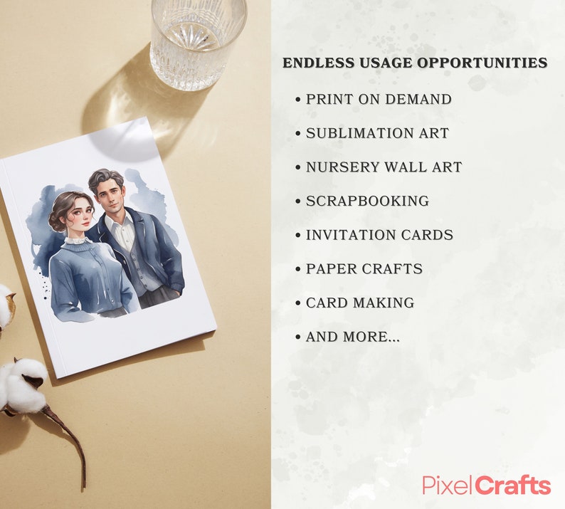 Op de afbeelding: Een wit notitieboek met een aquarel illustratie van een stel in blauwe en grijze kleding. De afbeelding wordt vergezeld door tekst met "ENDLESS USAGE OPPORTUNITIES", waaronder print on demand, sublimatiekunst en kaarten maken. Het Pixel Crafts-logo is zichtbaar.