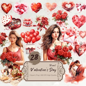May include: A set of 28 watercolor Valentine's Day clipart images. The images include hearts, roses, balloons, envelopes, and couples. The images are perfect for creating cards, invitations, and other Valentine's Day crafts.