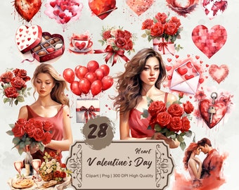 Valentines Clipart Bundle, Watercolor Valentines Day Png, Heart Clipart, Love Balloons Clipart, Romantic Couple Clipart, Digital Stickers