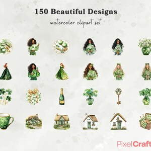 May include: A set of 150 watercolor clipart designs featuring various illustrations, including shamrocks, houses, flowers, and people. The designs are perfect for adding a touch of Irish charm to your projects.