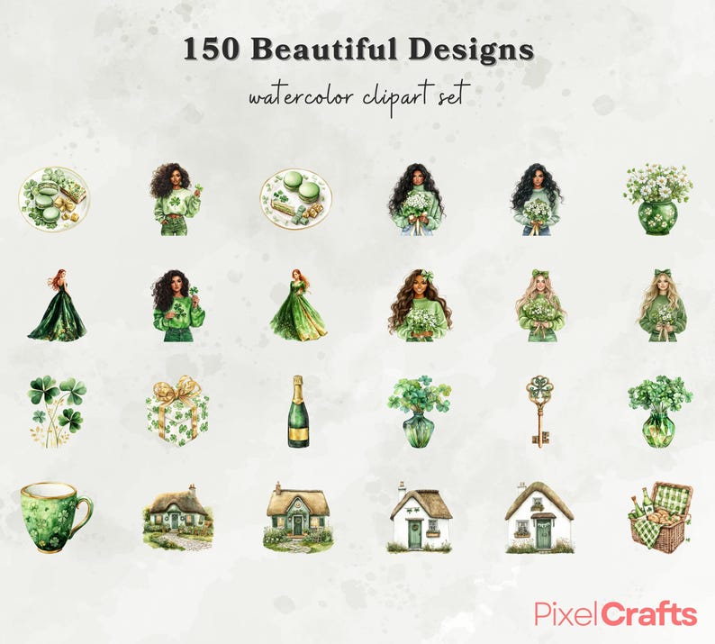 May include: A set of 150 watercolor clipart designs featuring various illustrations, including shamrocks, houses, flowers, and people. The designs are perfect for adding a touch of Irish charm to your projects.