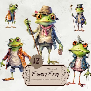 Aquarelle drôle de grenouille des cliparts, clipart grenouilles mignonnes fantaisistes, grenouille Png, grenouille fantastique, clipart animaux, techniques mixtes, autocollants en téléchargement numérique