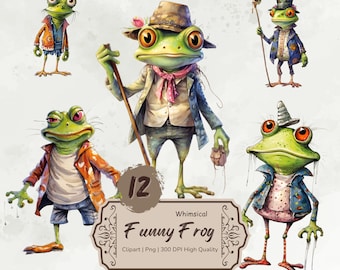 Watercolor Funny Frog Clipart, Whimsical Cute Frogs Clipart, Frog Png, Fantasy Frog, Animals Clipart, Mixed Media, Digital Download Stickers