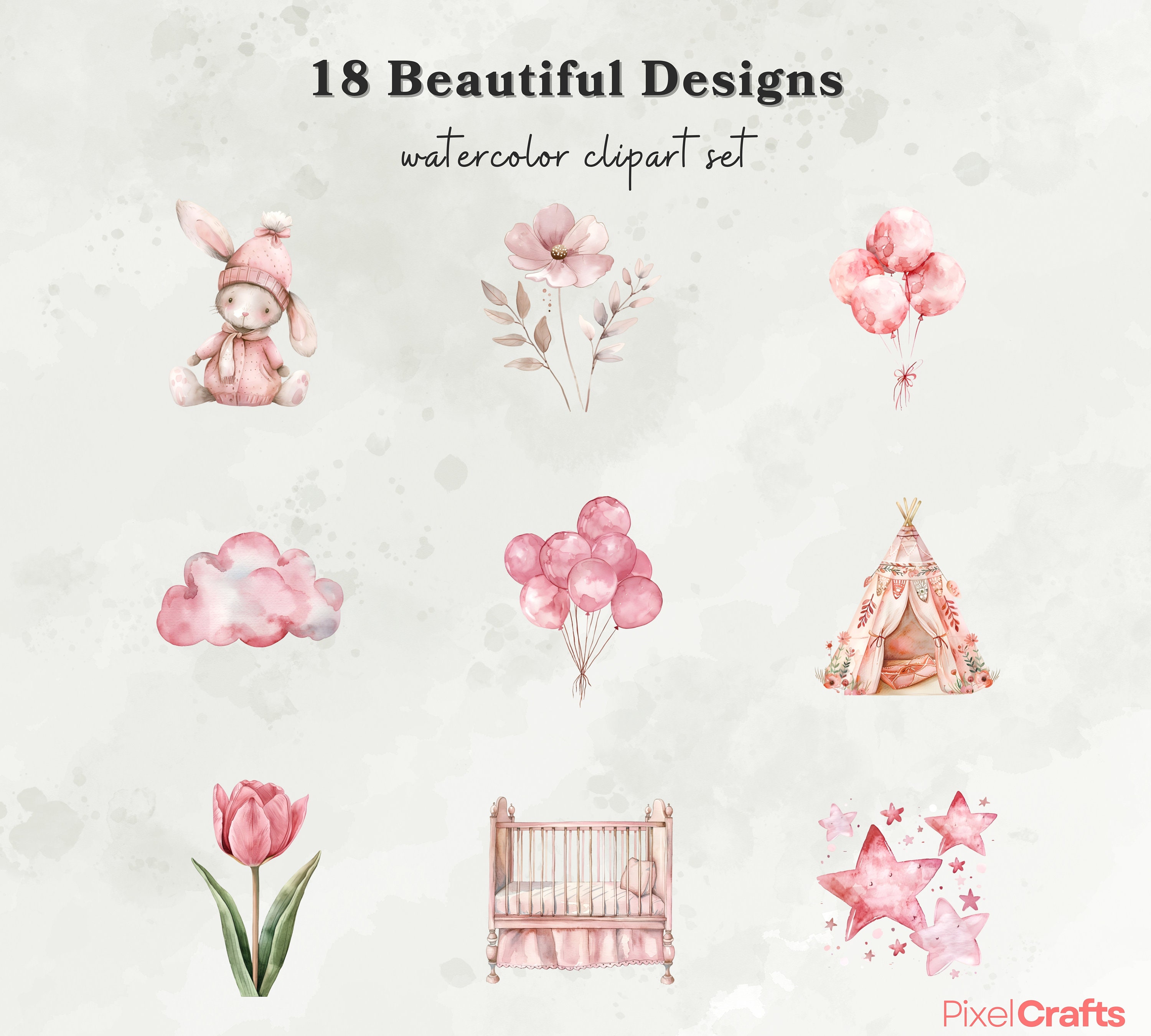 Watercolor Pink Baby Girl Clipart, Nursery Baby Decor Clipart Bundle ...