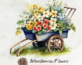 Aquarelle florale des cliparts brouette, brouette en bois fleurs Clipart Bundle, clipart jardinage, clipart printemps Png, téléchargement numérique