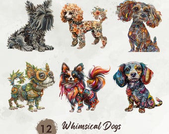 Quirky Dog Clipart, Whimsical Dogs Clipart, Cute Dogs Png, Whimsical Animals, Funny Puppy Clipart, Watercolor Clipart, Digital Download