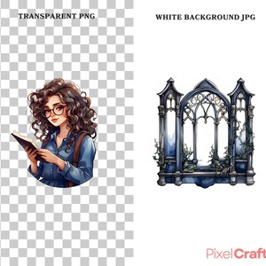 Op de afbeelding: Waterverfillustratie van een vrouw met krullend bruin haar, een bril en een spijkerblouse, die een boek leest. De afbeelding is een transparante PNG. Daarnaast een waterverfillustratie van een donkerblauw gotisch raam met wijnranken.