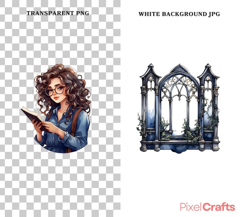 Op de afbeelding: Waterverfillustratie van een vrouw met krullend bruin haar, een bril en een spijkerblouse, die een boek leest. De afbeelding is een transparante PNG. Daarnaast een waterverfillustratie van een donkerblauw gotisch raam met wijnranken.