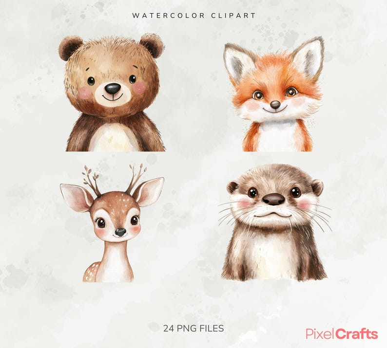 Boho Woodland Animals Clipart Bundle, Watercolor Baby Animal Portraits ...