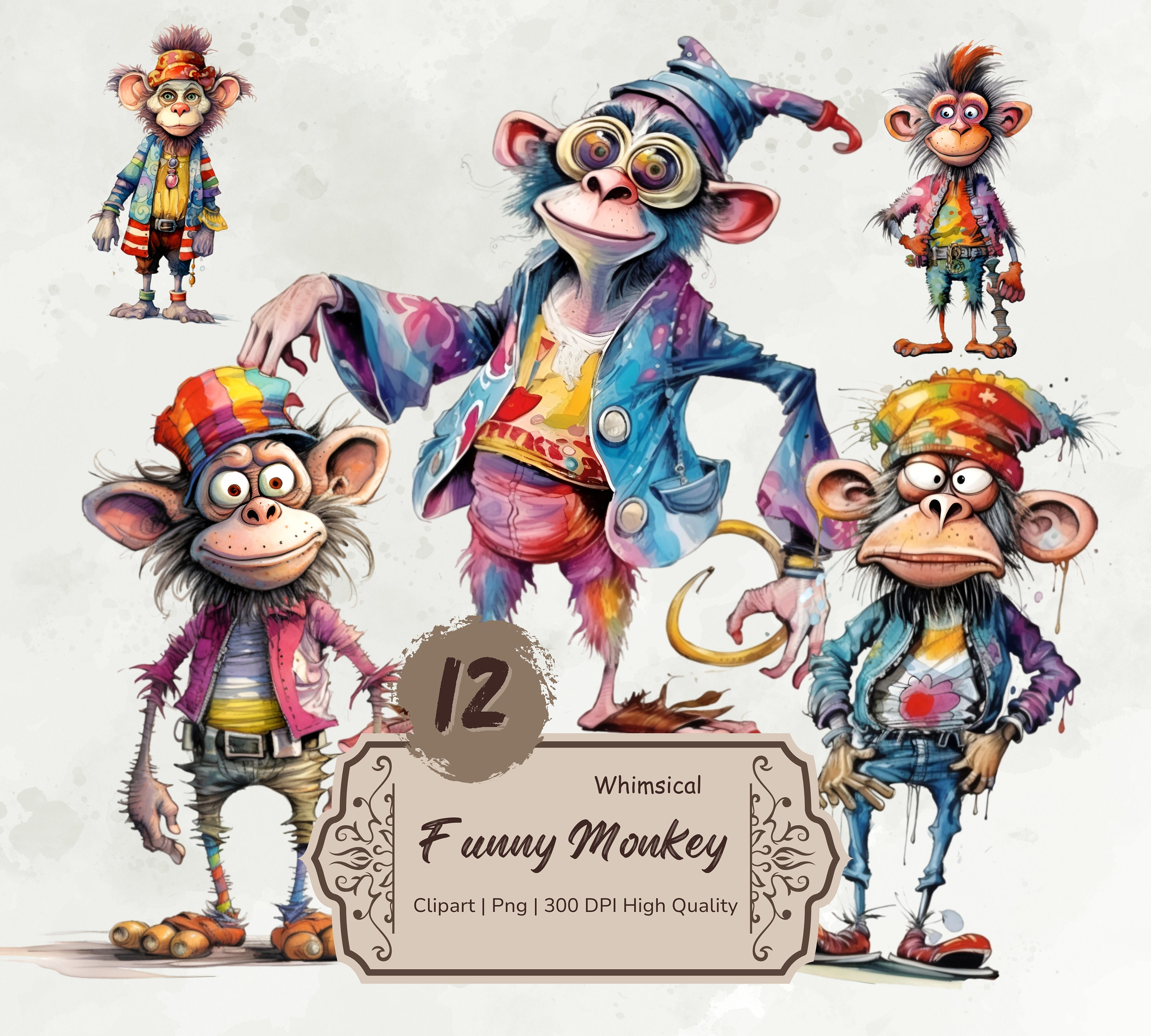 Watercolor Funny Monkey Clipart, Whimsical Monkey Png, Quirky Ape ...