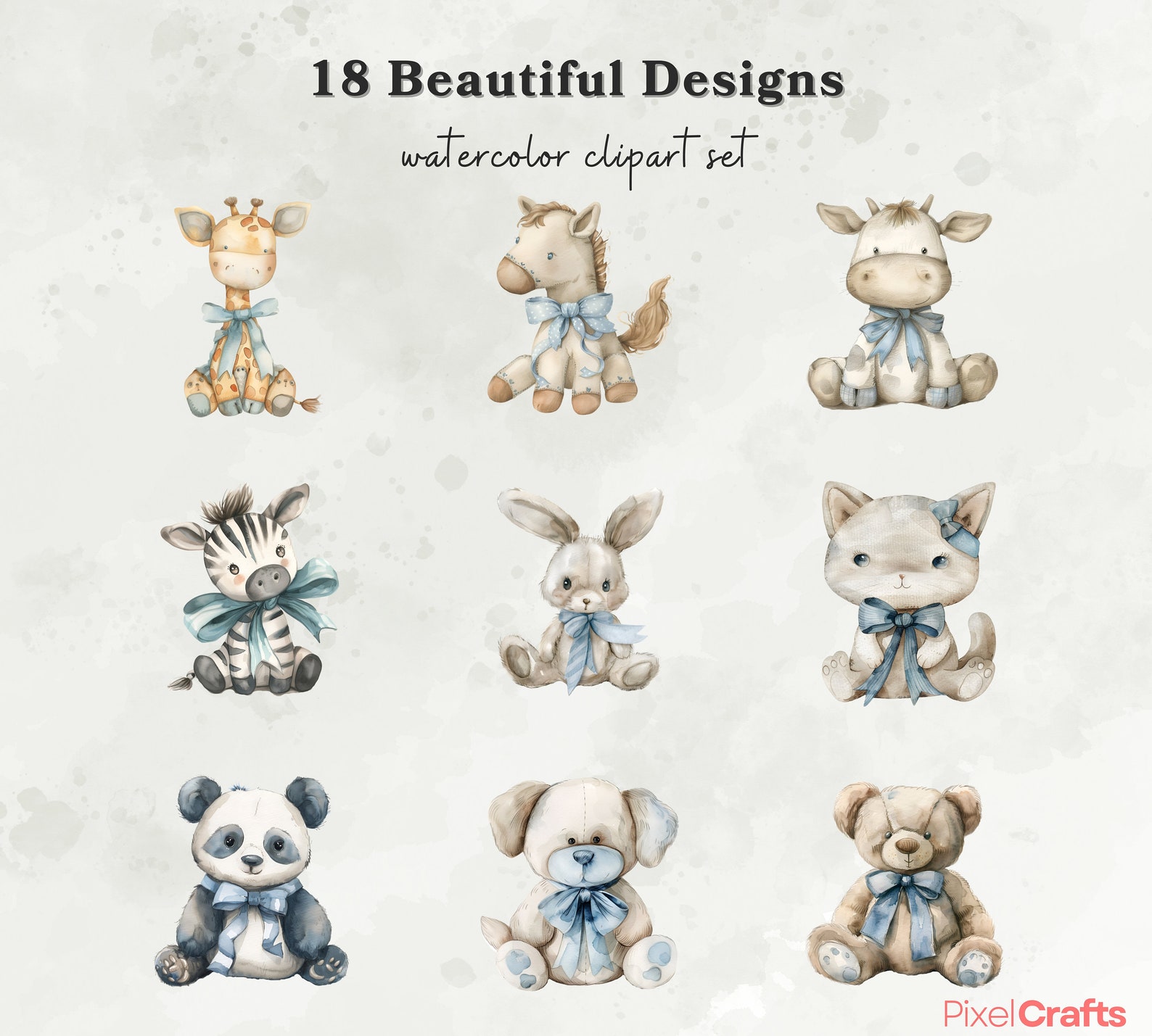 Watercolor Blue Plush Animals Clipart, Vintage Nursery Animal Clipart ...