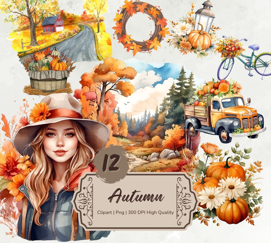 Watercolor Fall Clipart Bundle, Cozy Autumn Clipart, Fall Girl Png ...