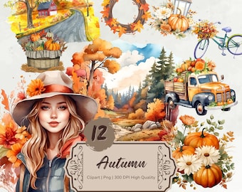 Pacote de clipart de outono em aquarela, clipart de outono aconchegante, gráficos de menina de outono png, folhas caindo, clipart de abóbora folhagem de outono adesivos digitais