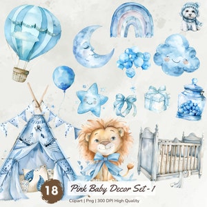 Aquarel blauwe babyjongen clipart, kwekerij baby decor clipart bundel, babyshower decoraties, kinderen png, babyshower feest uitnodigen downloaden