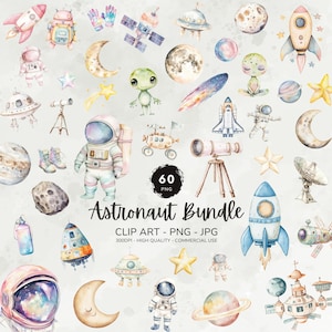 Astronaut Clipart Bundle, Aquarell Weltraum Clipart, Planeten Clipart, Space Shuttle, Raumschiff, Weltraum Geburtstagspartydekorationen, Rakete PNG