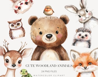 Boho Woodland Animals Clipart Bundle, Watercolor Baby  Animal Portraits Png, Nursery Wall Art, Baby Shower Decor, Instant Download