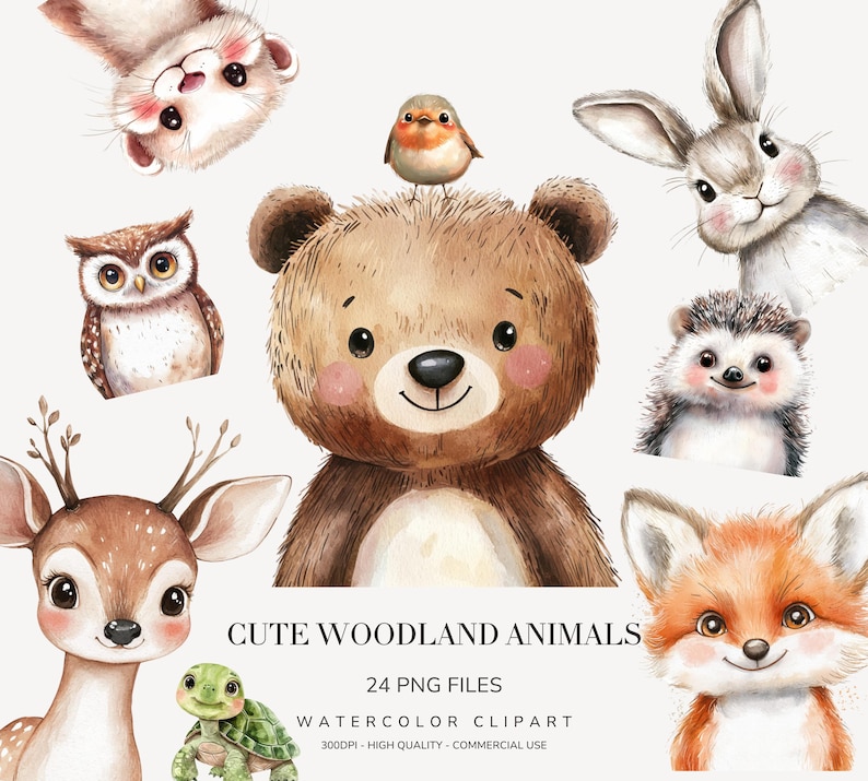 Boho Woodland Animals Clipart Bundle, Watercolor Baby Animal Portraits ...