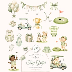 Może przedstawiać: Zestaw clipartów akwarelowych z ilustracjami o tematyce golfowej. Zawiera kije golfowe, piłki golfowe, wózek golfowy, trofeum, ubranka dla dzieci i dwoje dzieci ubranych w stroje golfowe. Tekst "Tiny Golfer" jest również dołączony.