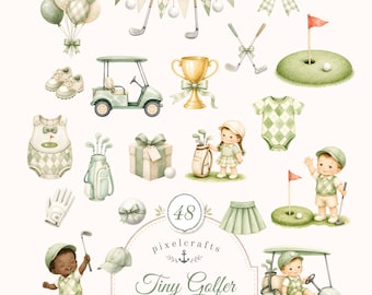 Winziger Golfer Clipart Bundle Aquarell Golf Baby PNG Sport Kindergarten Golf Cart Grün Grafiken - 264