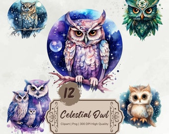 Watercolor Celestial Owl Clipart, Owl Png, Magical Clipart, Mystical Clipart, Cute Baby Owl Png, Witchcraft Clipart, Celestial Graphics Png