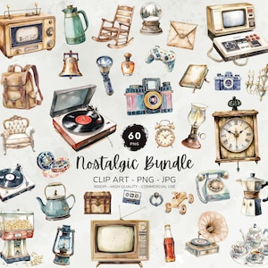 Vintage Clipart Bundle, Nostalgic Clipart, 90s Clipart, Retro Home Clipart, Watercolor Vintage Graphics, Digital Download, Commercial Use